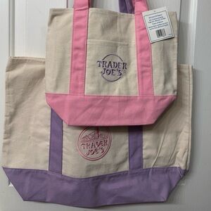 Trader Joe’s Pastel Canvas Tote Bags Large is Lilac & Small in Pink Set of 2)